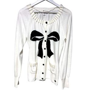 NWOT Cream Luxe Cardigan With Black Bow & Scalloped Trim Size Large
